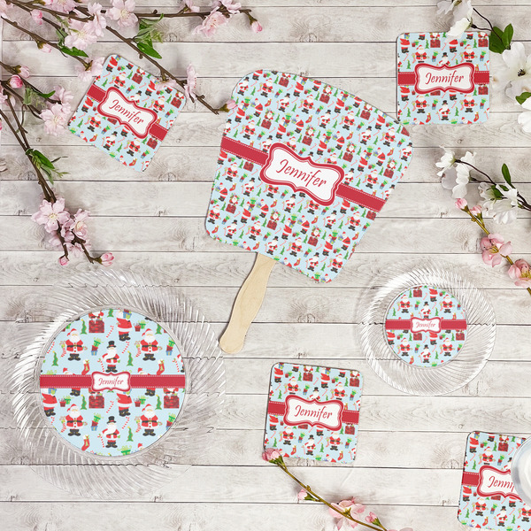 Santa and Presents Party Supplies Combination Image - All items - Plates, Coasters, Fans