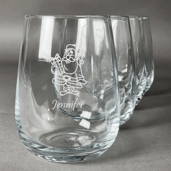 Custom Santa and Presents Stemless Wine Glasses (Set of 4) (Personalized)