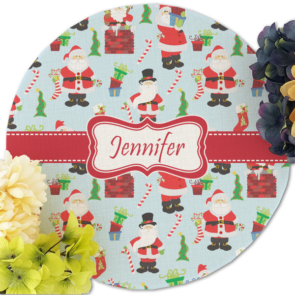 Santa and Presents Round Linen Placemats - Front (w flowers)