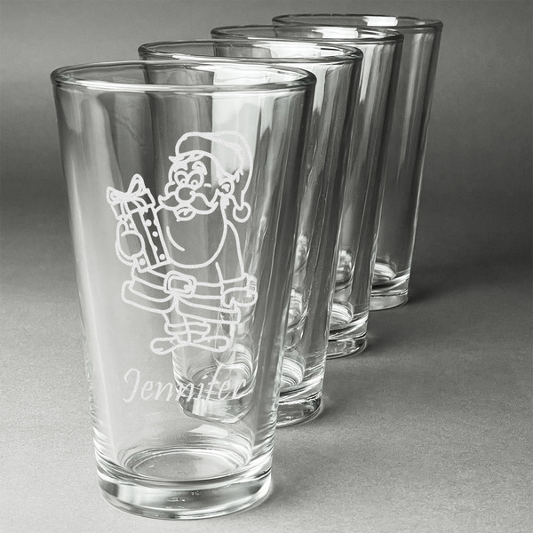 Custom Santa and Presents Pint Glasses - Engraved (Set of 4) (Personalized)