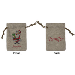 Santa and Presents Small Burlap Gift Bag - Front & Back (Personalized)