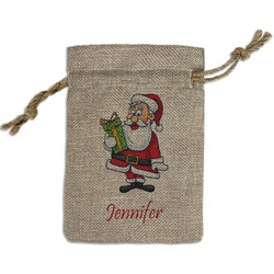 Santa and Presents Small Burlap Gift Bag - Front (Personalized)