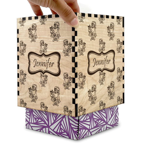 Santa and Presents Square Tissue Box Covers - Wood - with box