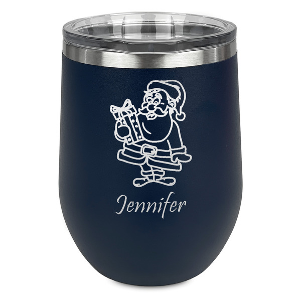 Custom Santa and Presents Stemless Stainless Steel Wine Tumbler - Navy - Double Sided (Personalized)
