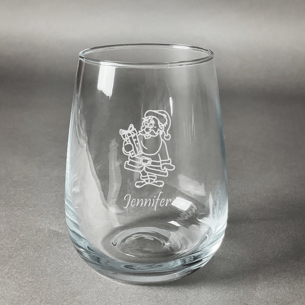 Custom Santa and Presents Stemless Wine Glass (Single) (Personalized)