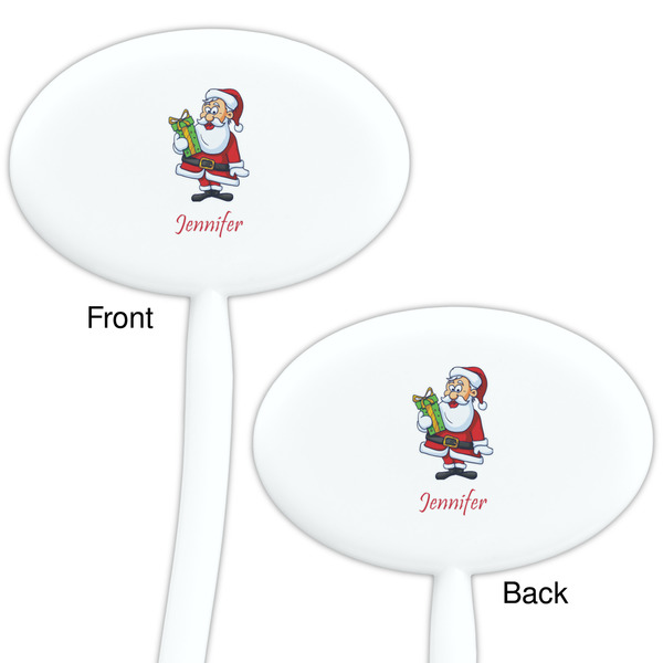 Santa and Presents White Plastic 7" Stir Stick - Double Sided - Oval - Front & Back