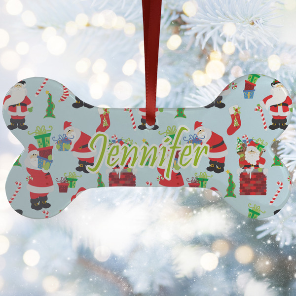 Custom Santa and Presents Ceramic Dog Ornament w/ Name or Text