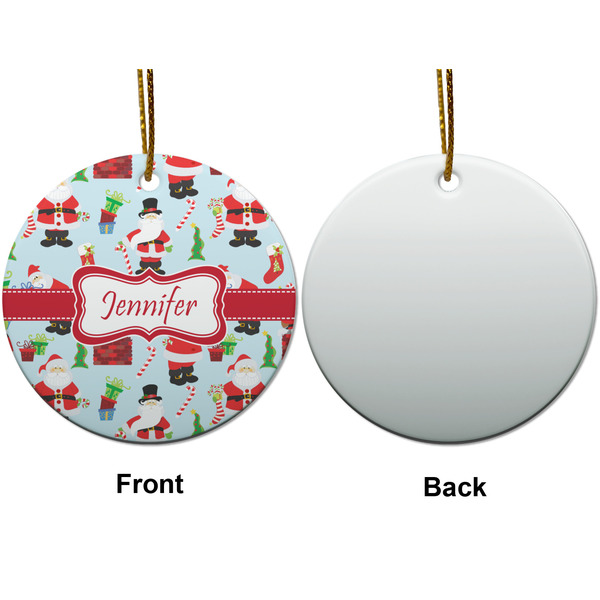 Santa and presents Ceramic Flat Ornament - Circle Front & Back (APPROVAL)
