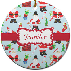 Santa and Presents Round Ceramic Ornament w/ Name or Text