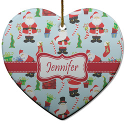 Santa and Presents Heart Ceramic Ornament w/ Name or Text