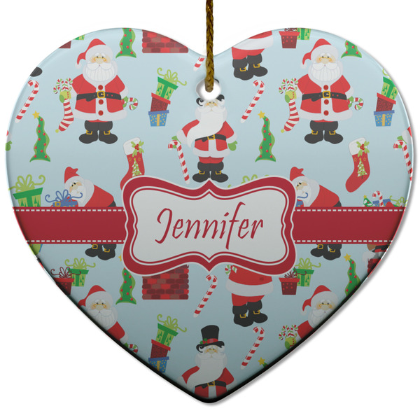Custom Santa and Presents Heart Ceramic Ornament w/ Name or Text