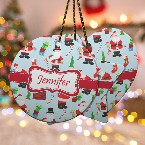 Custom Santa and Presents Ceramic Ornament w/ Name or Text