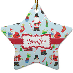 Santa and Presents Star Ceramic Ornament w/ Name or Text