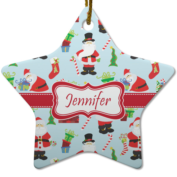 Custom Santa and Presents Star Ceramic Ornament w/ Name or Text