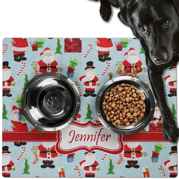 Custom Santa and Presents Dog Food Mat - Large w/ Name or Text