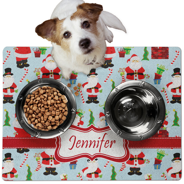 Custom Santa and Presents Dog Food Mat - Medium w/ Name or Text