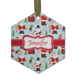 Santa and Presents Flat Glass Ornament - Hexagon w/ Name or Text