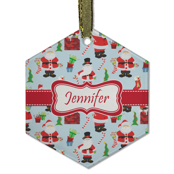Custom Santa and Presents Flat Glass Ornament - Hexagon w/ Name or Text