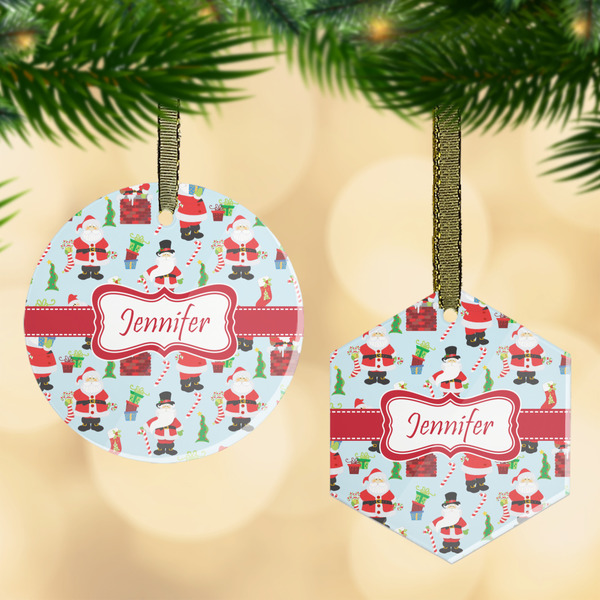 Custom Santa and Presents Flat Glass Ornament w/ Name or Text