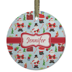 Santa and Presents Flat Glass Ornament - Round w/ Name or Text