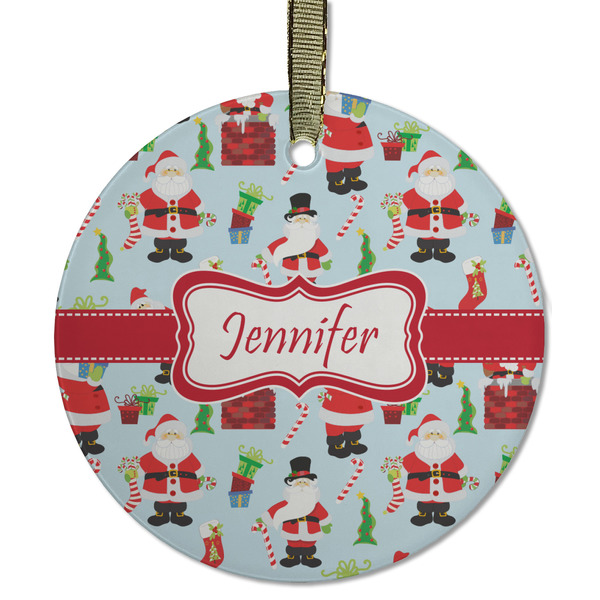 Custom Santa and Presents Flat Glass Ornament - Round w/ Name or Text
