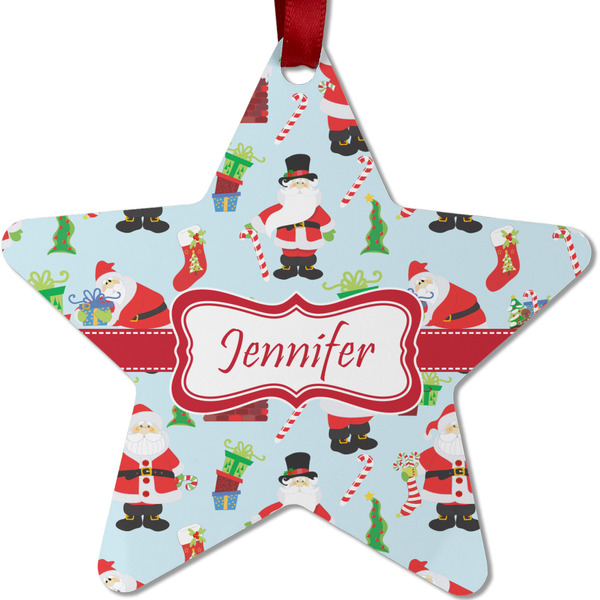 Custom Santa and Presents Metal Star Ornament - Double Sided w/ Name or Text