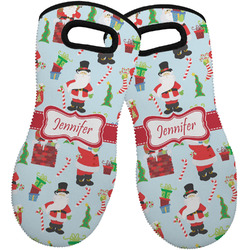 Santa and Presents Neoprene Oven Mitts - Set of 2 w/ Name or Text