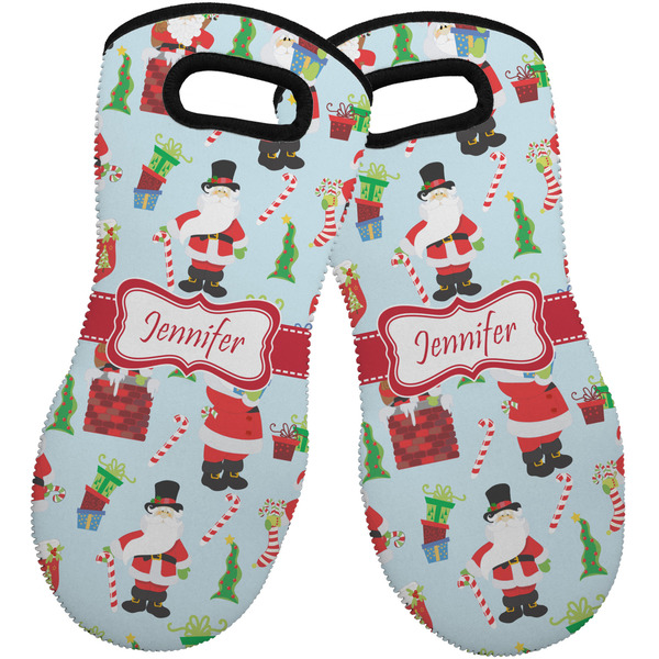 Custom Santa and Presents Neoprene Oven Mitts - Set of 2 w/ Name or Text