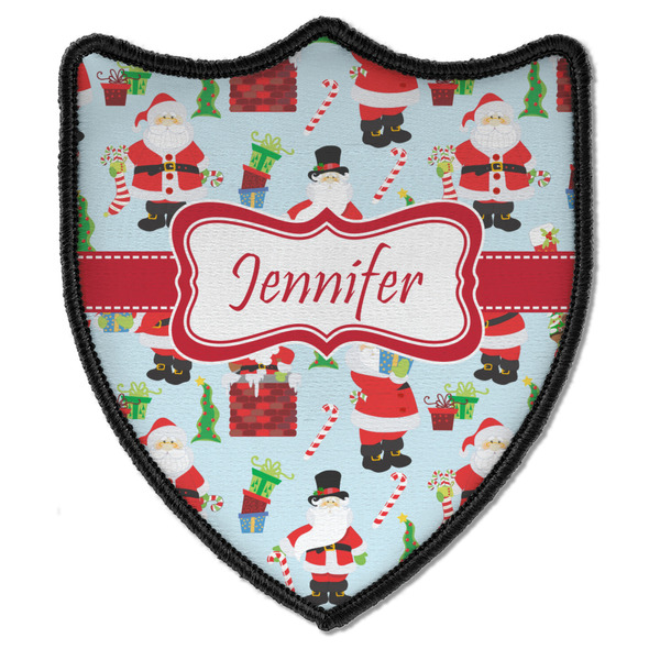 Custom Santa and Presents Iron on Shield Patch B w/ Name or Text