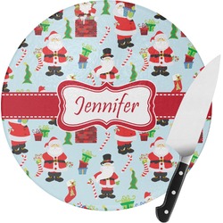 Santa and Presents Round Glass Cutting Board - Small (Personalized)
