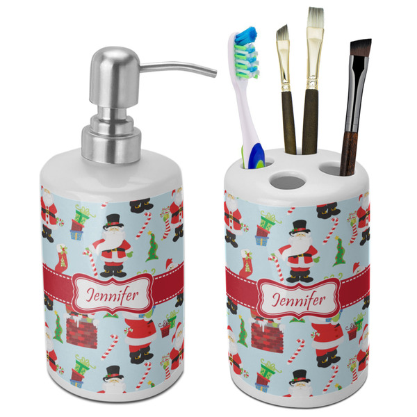 Custom Santa and Presents Ceramic Bathroom Accessories Set (Personalized)