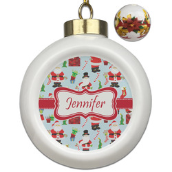 Santa and Presents Ceramic Ball Ornaments - Poinsettia Garland (Personalized)