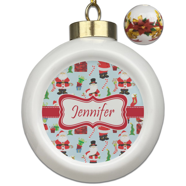 Custom Santa and Presents Ceramic Ball Ornaments - Poinsettia Garland (Personalized)