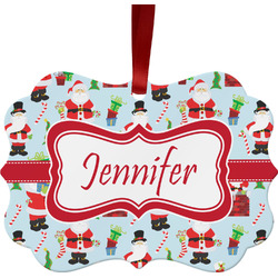 Santa and Presents Metal Frame Ornament - Double Sided w/ Name or Text