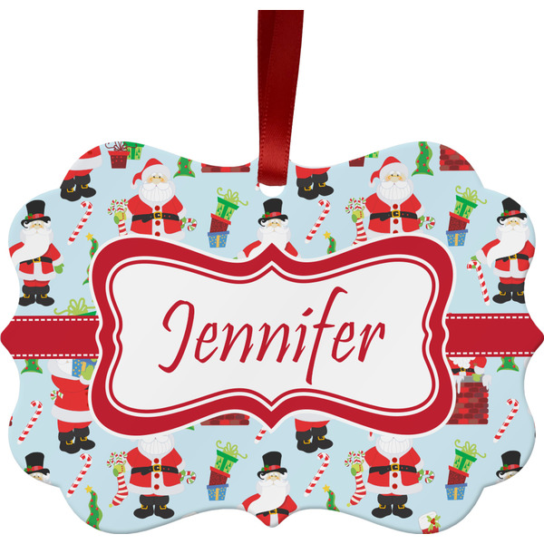 Custom Santa and Presents Metal Frame Ornament - Double Sided w/ Name or Text