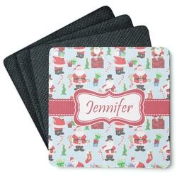 Santa and Presents Square Rubber Backed Coasters - Set of 4 w/ Name or Text