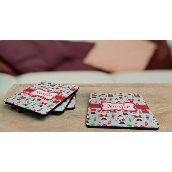 Santas w/ Presents Coaster Rubber Back - On Coffee Table