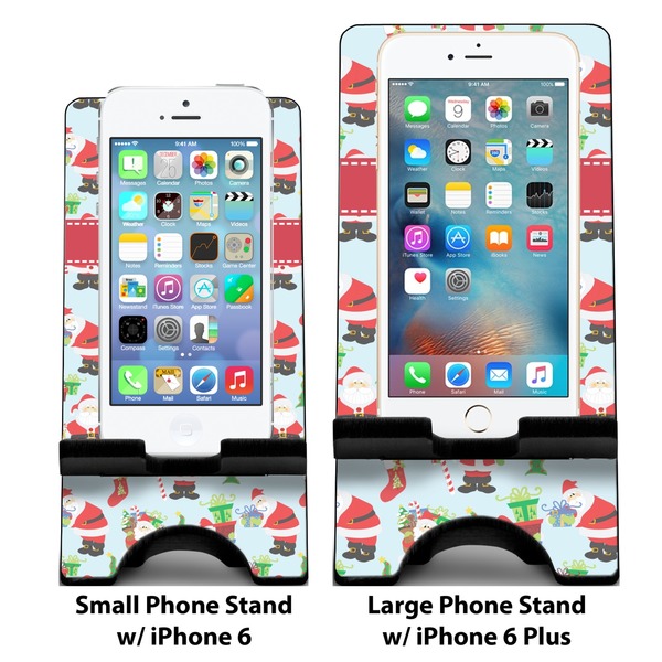 Santas w/ Presents Compare Phone Stand Sizes - with iPhones