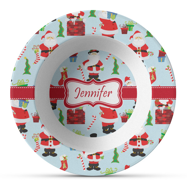 Custom Santa and Presents Plastic Bowl - Microwave Safe - Composite Polymer (Personalized)
