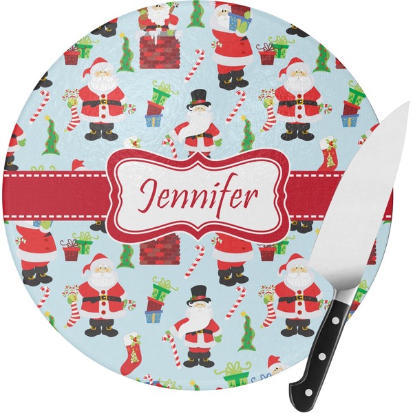 Custom Santa and Presents Round Glass Cutting Board - Medium (Personalized)