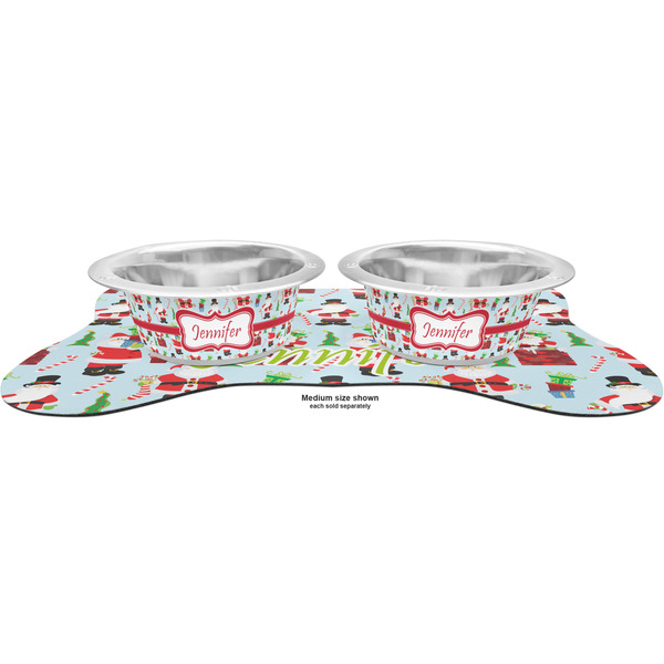 Santas w/ Presents Metal Pet Bowls - On Dog Bone Shaped Mat