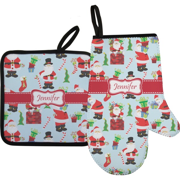 Custom Santa and Presents Right Oven Mitt & Pot Holder Set w/ Name or Text