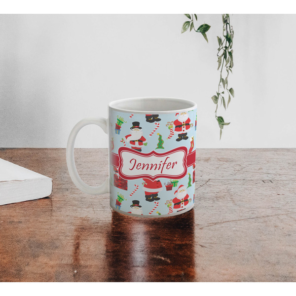 Santas w/ Presents Personalized Coffee Mug - Lifestyle