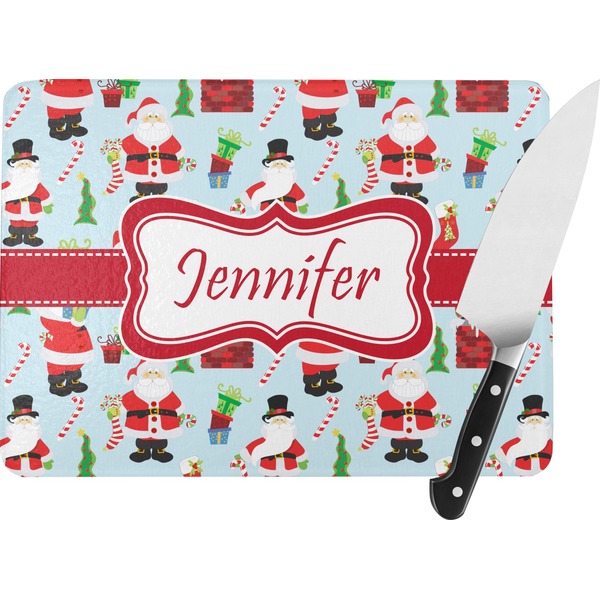 Custom Santa and Presents Rectangular Glass Cutting Board (Personalized)