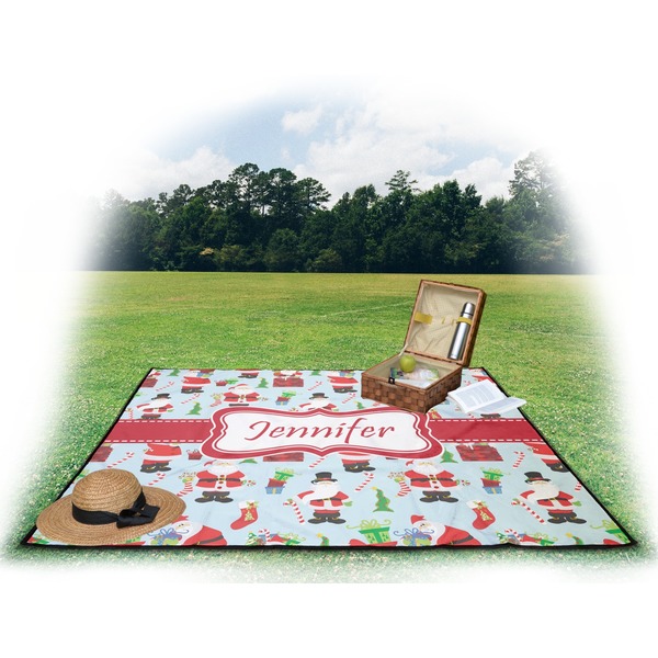 Santas w/ Presents Picnic Blanket - with Basket Hat and Book - in Use
