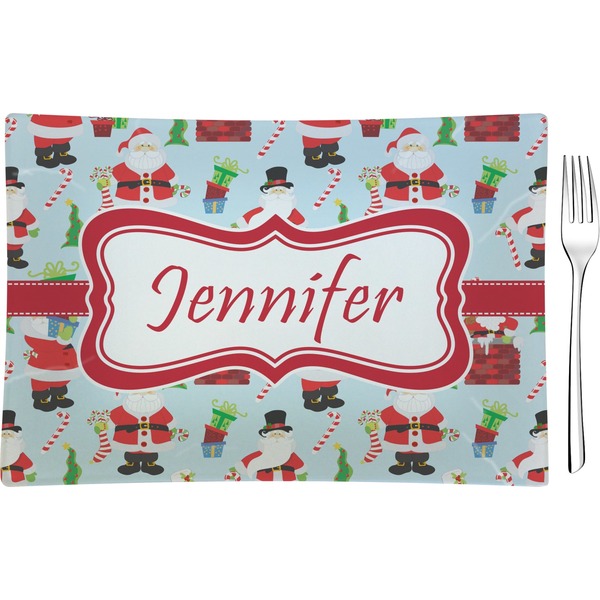 Custom Santa and Presents Glass Rectangular Appetizer / Dessert Plate w/ Name or Text