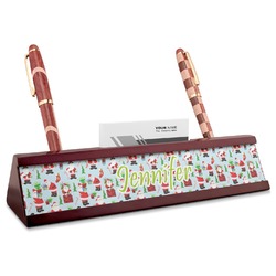 Santa and Presents Red Mahogany Nameplate with Business Card Holder (Personalized)