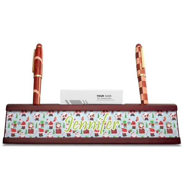Santas w/ Presents Red Mahogany Nameplates with Business Card Holder - Straight