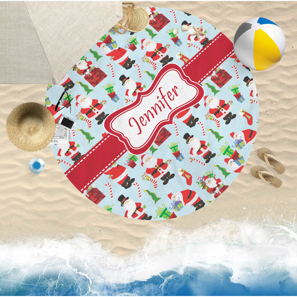 Santas w/ Presents Round Beach Towel Lifestyle