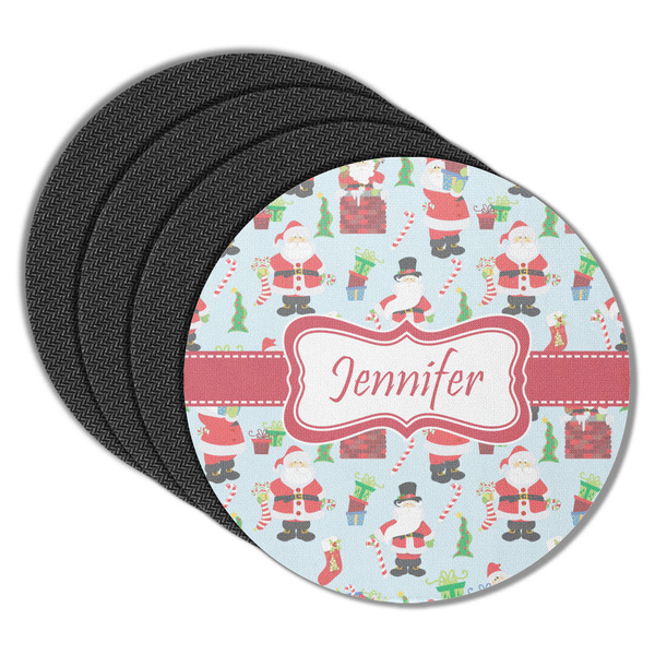 Custom Santa and Presents Round Rubber Backed Coasters - Set of 4 w/ Name or Text